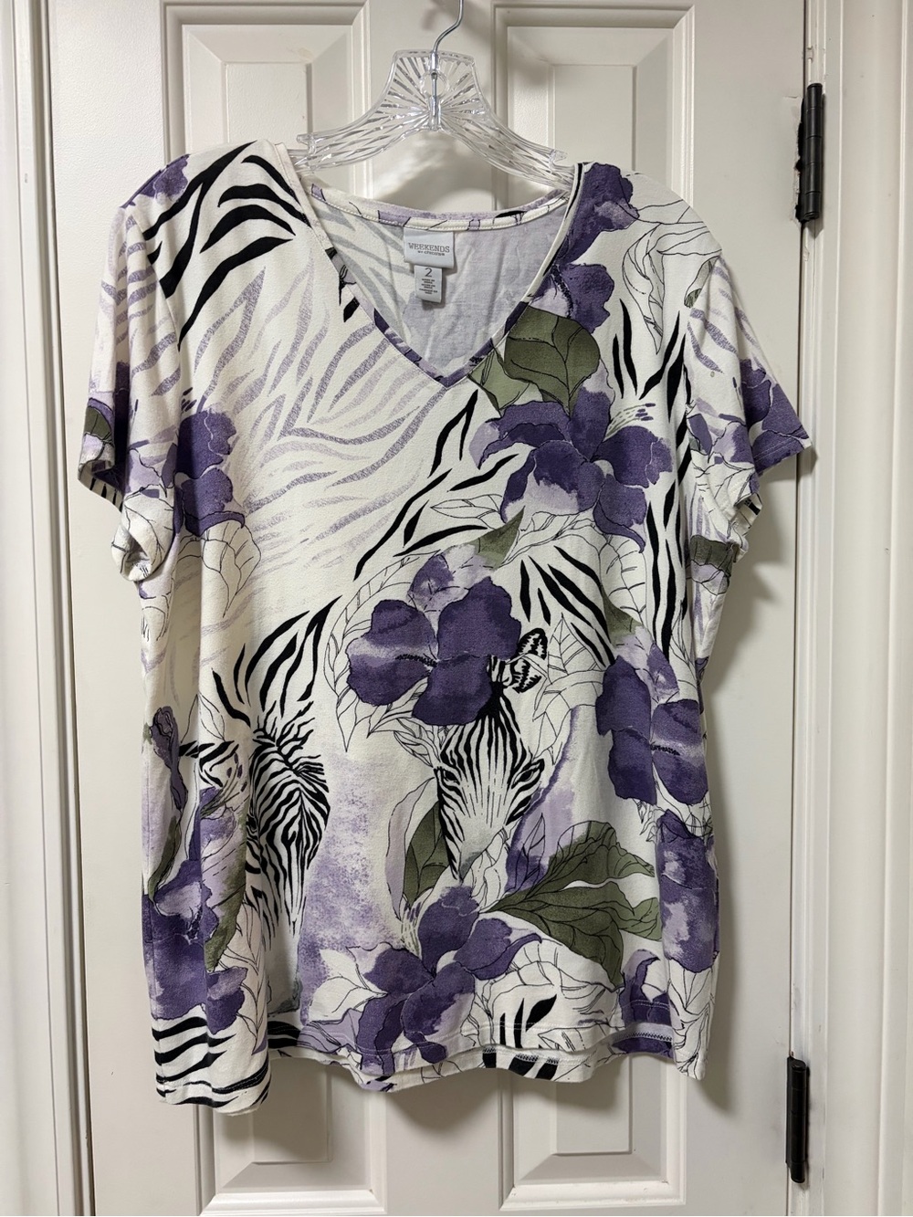 White & Purple Floral Zebra V-Neck Women's Top